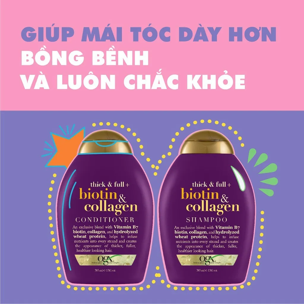 Combo 2 Chai Dầu Gội & Dầu Xả Tóc OGX Biotin & Collagen giúp tóc dày mềm mượt chắc khỏe 385ml