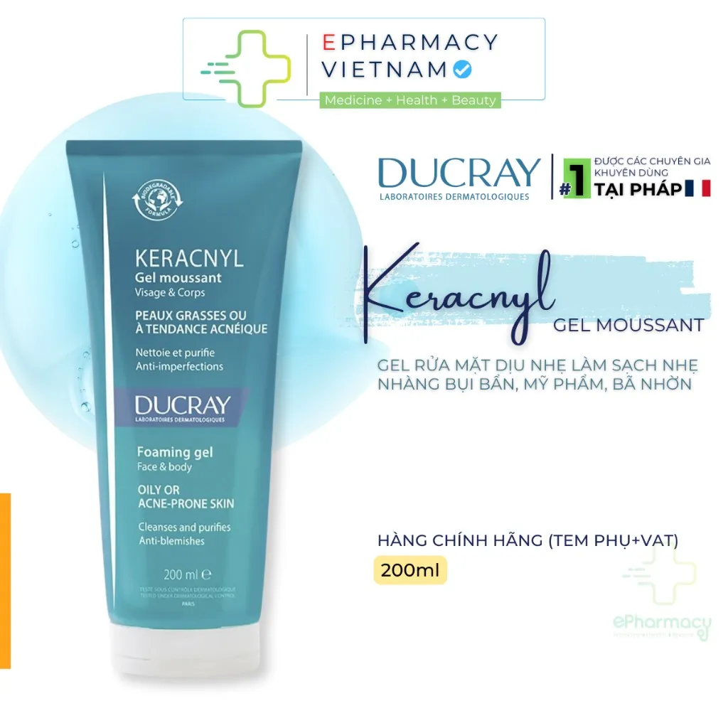 Gel Rửa Mặt DUCRAY Keracnyl Foaming Gel Cho Da Nhờn Mụn 200ml