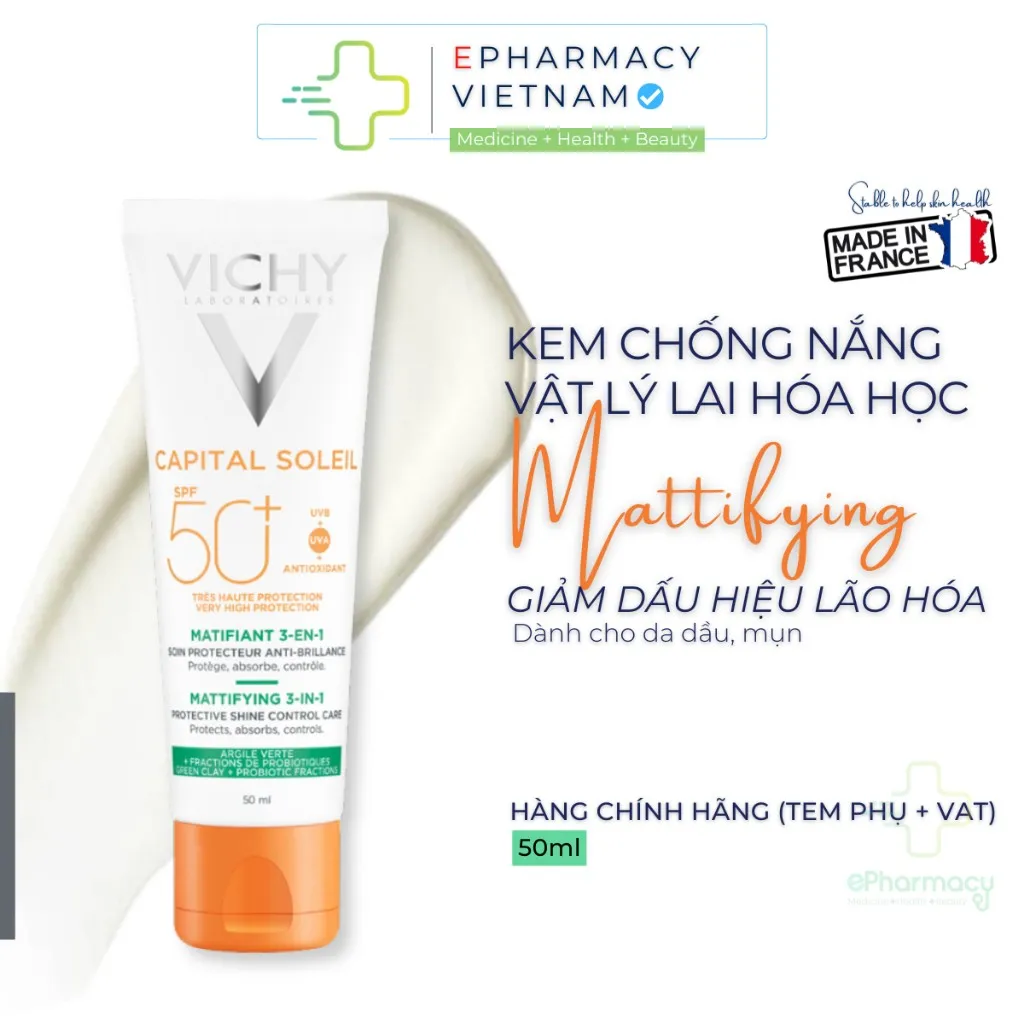 Kem Chống Nắng VICHY Capital Soleil Mattifying 3in1 SPF50+ UVB + UVA Bảo Vệ Da Toàn Diện 50ml