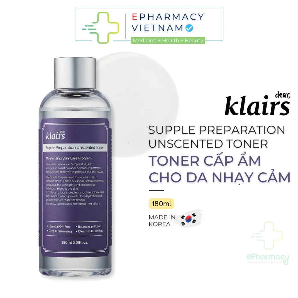 Toner KLAIRS Supple Preparation Unscented Toner Dưỡng Ẩm Chăm Sóc Da 180ml